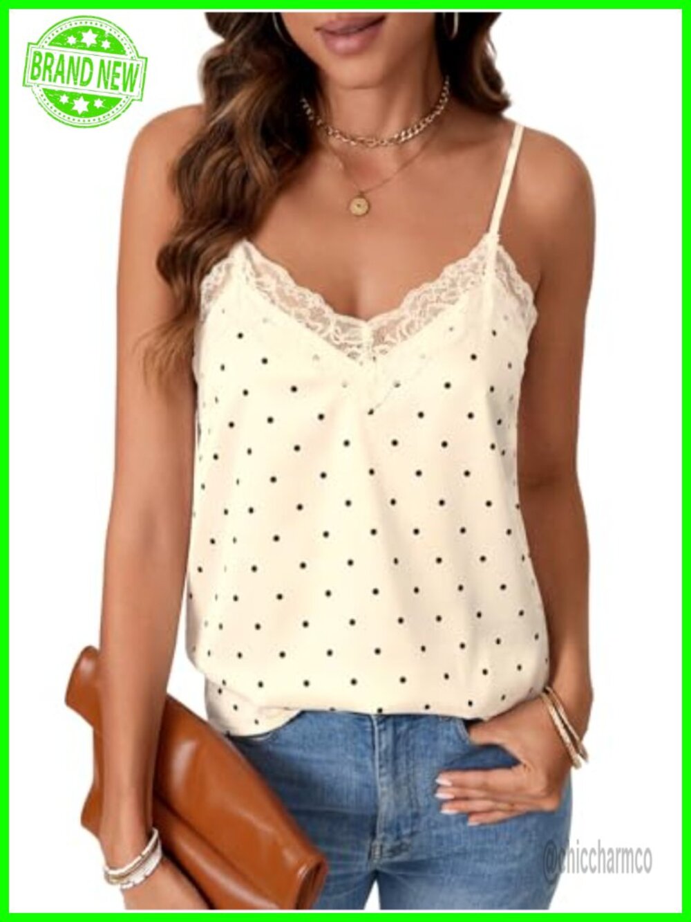 Satin Lace Trim V-Neck Cami Tank Top Adjustable Straps Summer